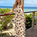 Beige Polka Dot Halter Neck Tiered Maxi Dress