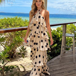 Beige Polka Dot Halter Neck Tiered Maxi Dress