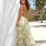 Green Leaf Print Spaghetti Strap Cutout Midi Dress