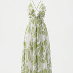 Green Leaf Print Spaghetti Strap Cutout Midi Dress