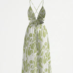 Green Leaf Print Spaghetti Strap Cutout Midi Dress