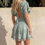 Sage Green Tassel Lace Trim V-Neck Mini Dress