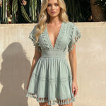 Sage Green Tassel Lace Trim V-Neck Mini Dress