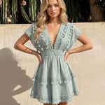 Sage Green Tassel Lace Trim V-Neck Mini Dress