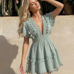 Sage Green Tassel Lace Trim V-Neck Mini Dress