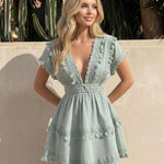 Sage Green Tassel Lace Trim V-Neck Mini Dress