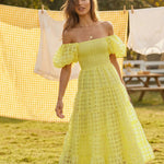 Plaid Pattern Off-Shoulder Puff Sleeve Tiered Midi Dress