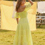 Plaid Pattern Off-Shoulder Puff Sleeve Tiered Midi Dress