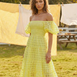 Plaid Pattern Off-Shoulder Puff Sleeve Tiered Midi Dress