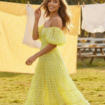 Plaid Pattern Off-Shoulder Puff Sleeve Tiered Midi Dress