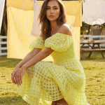 Plaid Pattern Off-Shoulder Puff Sleeve Tiered Midi Dress