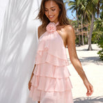 Pink Chiffon Halter Neck Tiered Mini Dress