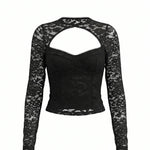 Black Lace Long-Sleeve Cutout Crop Top