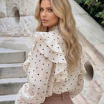 Beige Heart Print Neck Tie Ruffled Blouse