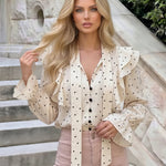 Beige Heart Print Neck Tie Ruffled Blouse