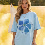 Blue Flower Print Crew Neck Short Sleeve T-Shirt