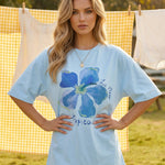 Blue Flower Print Crew Neck Short Sleeve T-Shirt