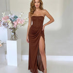 Brown Strapless Corset Draped High Slit Maxi Dress