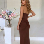 Brown Strapless Corset Draped High Slit Maxi Dress