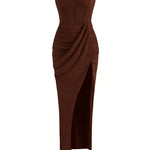Brown Strapless Corset Draped High Slit Maxi Dress