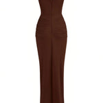 Brown Strapless Corset Draped High Slit Maxi Dress