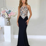 Black Floral Embroidered Halter Neck Mermaid Maxi Dress