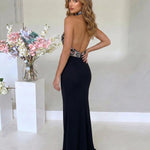 Black Floral Embroidered Halter Neck Mermaid Maxi Dress