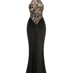 Black Floral Embroidered Halter Neck Mermaid Maxi Dress
