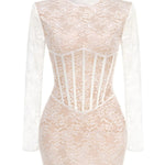 White Lace High Neck Corset Long Sleeve Mini Dress