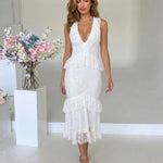 White Lace Halter Neck Tiered Ruffle Midi Dress