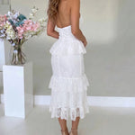 White Lace Halter Neck Tiered Ruffle Midi Dress