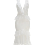 White Lace Halter Neck Tiered Ruffle Midi Dress