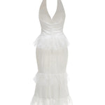 White Lace Halter Neck Tiered Ruffle Midi Dress