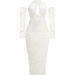 White Halter Neck Ruched Mermaid Maxi Dress