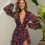 Purple Pink Floral Print Long Sleeve Ruffled Hem Mini Dress