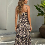 Brown Leopard Print Neck Spaghetti Strap Maxi Dress