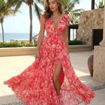 Red Print Ruffle Cap Sleeve Ring Cutout Waist High Slit Maxi Dress
