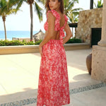 Red Print Ruffle Cap Sleeve Ring Cutout Waist High Slit Maxi Dress