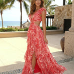 Red Print Ruffle Cap Sleeve Ring Cutout Waist High Slit Maxi Dress