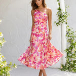 Pink Orange Watercolor Floral Print One Shoulder Midi Dress