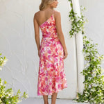 Pink Orange Watercolor Floral Print One Shoulder Midi Dress