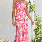 Pink Orange Watercolor Floral Print One Shoulder Midi Dress