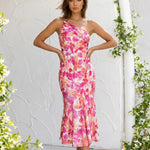 Pink Orange Watercolor Floral Print One Shoulder Midi Dress