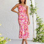Pink Orange Watercolor Floral Print One Shoulder Midi Dress