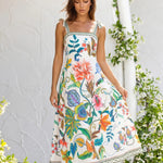 Multicolor Floral Print Square Neck Tie Strap A Line Midi Dress