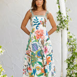 Multicolor Floral Print Square Neck Tie Strap A Line Midi Dress