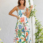 Multicolor Floral Print Square Neck Tie Strap A Line Midi Dress