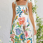 Multicolor Floral Print Square Neck Tie Strap A Line Midi Dress