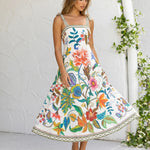 Multicolor Floral Print Square Neck Tie Strap A Line Midi Dress