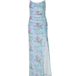 Light Blue Floral Print Ruched Maxi Dress